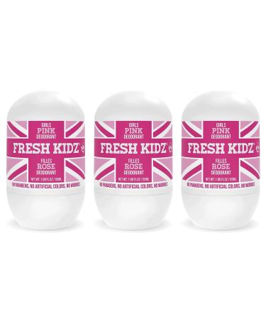 Fresh Kidz Roll On Deodorant for Kids and Teens - Baking Soda and Aluminum-free 24 Hour Protection for Sensitive Skin - Girls "Pink" 1.86 fl.oz. (3 Pack)