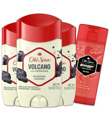 Old Spice Men's Antiperspirant & Deodorant Volcano with Charcoal, 2.6oz Pack of 3 with Travel-Size Swagger Body Wash Volcano with Charcoal Deodorant, 3 Pack, with Travel-Size Swagger Body Wash