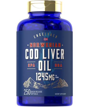 Carlyle Cod Liver Oil Softgels | 1245mg | 250 Count | with EPA and DHA | Norwegian | Non GMO Gluten Free Supplement 250 Count (Pack of 1)