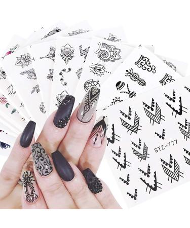 13 Sheets Black Nail Art Stickers Water Transfer Decals Nail Supplies Decorations Accessories with Flowers Necklace Jewelry Dream Catcher Feather Design Foil Tattoo for DIY Nail Manicure Tips