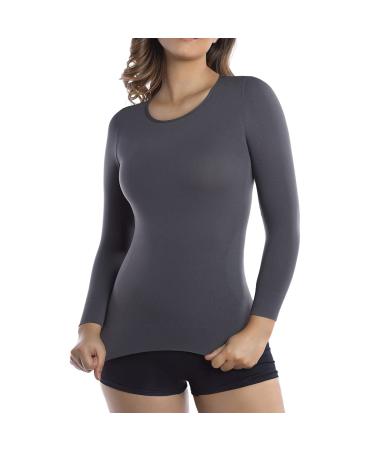 +MD Womens Compression Slimming Shirt 3/4 Long Sleeve Undershirts Round-Neck Basic Shapewear Thermal Tops Darkgrey Medium