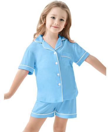 SWOMOG Unisex Kids Modal Button-Down Pyjama Set | Short Sleeve Sleepwear Lounge Set 4-5 Years Light Blue - Buy Online on GoSupps.com