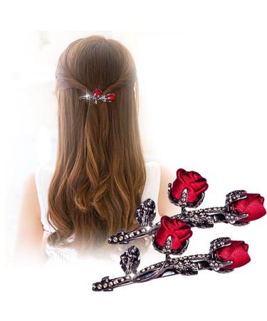 Vintage Crystal Rose Hair Clips Elegant Rhinestones Rose Flower Metal Hair Clips Hair Barrette Ponytail Holder Slide Clips Hair Jewelry for Wedding Party Birthday and Holiday Gifts (red-2PCS)