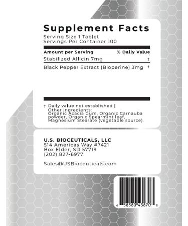U.S. Bioceuticals Organic Stabilized Allicin Tablet with Spearmint - 700 000 mcg of Allicin per Bottle - 100 Count - USDA Certified - Laboratory Tested - Buy Online on GoSupps.com
