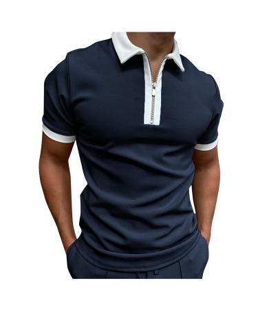 Shirt Sleeve Turn Down Blouse Men's Zipper Collar Splice Solid Polos Casual Men's Blouse Dress Shirts for Men Big Tall Dark Blue L