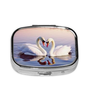 Swan Heart Printing 2 Compartment Small Pill Case Cute Small Pill Box Purse Pill Boxs Travel Pill Organizer for Pocket Purse and Travel Gifts