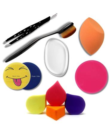 Out Of Box 10-Piece Beauty Tool Combo - Includes Slant-Pointed Tip Tweezer Oval Makeup Blush Brush Emoji Puff Silicone Blender Blender Big Puff and 4 Makeup Sponge Puffs