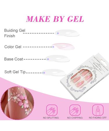 24PCS Medium Almond Flower Press on Nails - Pink Glossy False Nails with Glue | Spring Nail Decoration for Women - Buy Online on GoSupps.com
