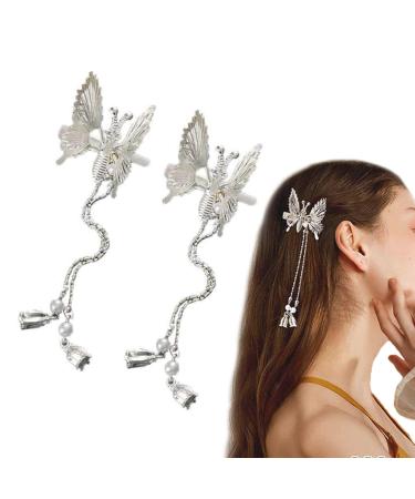 Elegant Butterfly Hairpin Butterfly Hair Clip Pearl Hair Comb Clip Moving Butterfly Hair Clips Antique Side Clip Bridal Hair Accessories for Ladies and Girls (Silver-2 PCs)