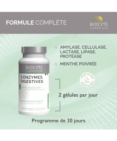 BIOCYTE 5 Digestive Enzymes - Food Supplement Digestion - Based on Amylase Cellulase Lactase Lipase Protease and Peppermint - 60 Capsules - 30 Days Taken - Buy Online on GoSupps.com