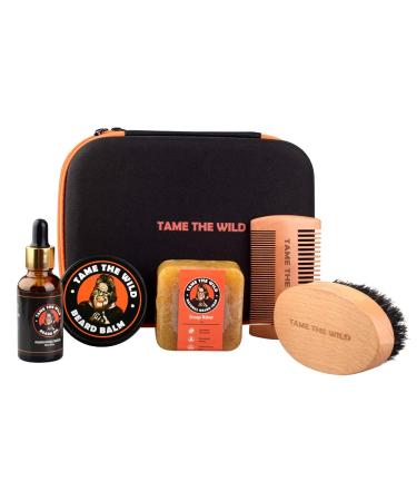 Tame the Wild's Premium Beard Grooming Kit for Men - Natural Beard Growth Kit - Includes Orange Walnut Beard Wash, Boar's Hair Beard Brush, Sandalwood Beard Comb, Beard Balm, & Beard Oil | Gift Set