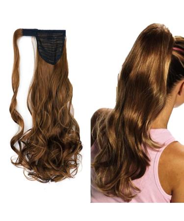 iLUU Golden Brown 18" Curly Wavy Long Ponytail Hair Extension Clip in Wrap Around Synthetic Fake Pony Tail Hairpiecs 100g Heat-Resisting Fiber Hair Piece #12 For Women #12-golden brown