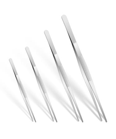 4-Piece Stainless Steel Tweezers Set Non-Slip Fine Tweezers Flat Metal Tweezers with Precision Pinking Tweezers Set for Cooking Gardening Repairing Eating (12 10 8 6 inch Silver)