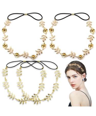 Ainvhh 4 Pieces Elastic Flower Head Chains Gold Leaves Headbands for Women Metal Chain Hair Band Head Pieces Wedding Hair Jewelry Festival Prom Wedding Headpiece for Women and Girls