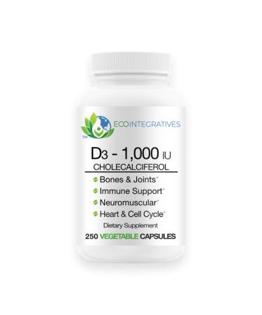 EcoIntegratives Vitamin D3-1000 IU 25 mcg (Cholecalciferol) Hypoallergenic Support for Muscles Bones & Teeth Breast Prostate Cardiovascular Colon & Immune Health - 250 Veggie Caps