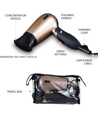 Carmen C80020 Noir Travel Hair Dryer - 1200W Black/Rose Gold with Concentrator Nozzle & Travel Bag - Buy Online on GoSupps.com
