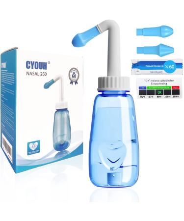 CYOUH Neti Pot Sinus Rinse Bottle Nose Wash Cleaner Pressure Rinse Nasal Irrigation for Adult & Kid BPA Free 260 ML with 60 Nasal Wash Salt Packets and Sticker Thermometer(Blue)
