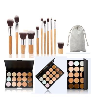 Pure Vie 15 Colors Cosmetics Cream Contour and Highlighting Makeup Kit  Color Correcting Cream Concealer Camouflage Makeup Palette + 11 Pcs Foundation Powder Concealer Eye Shadows Makeup Brushs