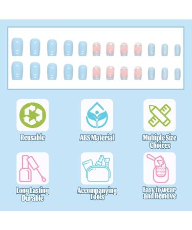 Yoolly 24pcs Short Square False French Tip False Nails Stick on Nails Glitter Press on Nails Removable Glue - on Fake Nails Acrylic Full Cover Nails Women Girls Nail Art Accessories (Flash Blue) - Buy Online on GoSupps.com