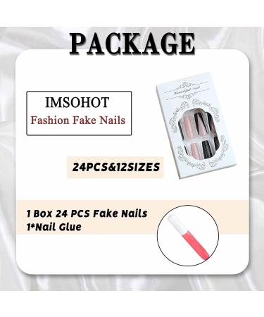 IMSOHOT Long Black French Press-On Nails 24 Pcs Glossy Acrylic with 3D Flower Charms & Rhinestones | Full Cover False Nail Tips for Women - Buy Online on GoSupps.com