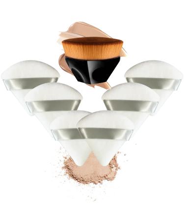 Triangle Powder Puff  6+1 Pieces Makeup Powder Puffs and Kabuki Foundation Brush  Soft Velour Powder Puffs for Face and Body Foundation Sponge  Setting Powder Puff Wet Dry Makeup Tool White