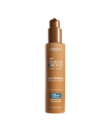 L'Oreal Paris Sublime Bronze Hydrating Self Tanning Serum-In-Lotion Self Tanner for Face and Body with Coconut Water and Hyaluronic Acid Provides Natural-Looking Color & 72 HR Hydration 5 Fl Oz