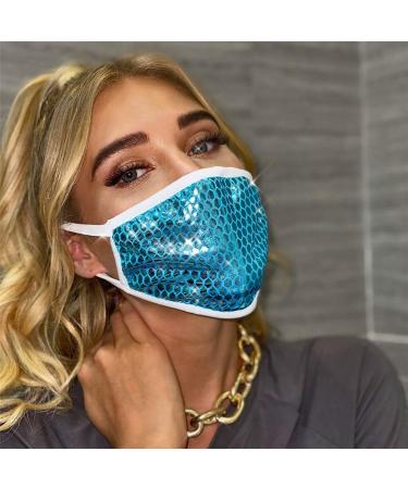 Abien Sequins Face Cover Glitter Face Mask Outdoor Nightclub Mouth Covering for Women and Girls Blue White Edge