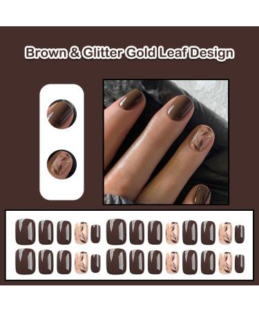 Extra Short Brown Square Press On Nails | Glitter Gold Leaf Design | Gel Acrylic Stick on Nails for Weddings & Birthdays | DL686Y - Buy Online on GoSupps.com