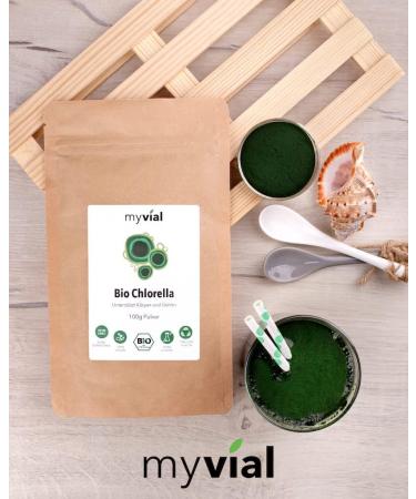 Myvial Bio Chlorella Powder 100g - Vegan Additive-Free Plastic-Free Rich in Vitamin B12 & Iron - Premium Chlorella Vulgaris Algae Powder for Optimal Health - Buy Online on GoSupps.com