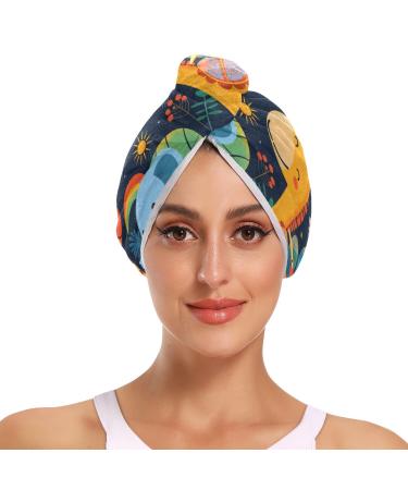 Deer Elephant Moon Hair Towel 2 Pack Super Absorbent Hair Drying Towel Quick Dry Hair Turbans Head Towel with Button Twisty Wrap for Women Girls