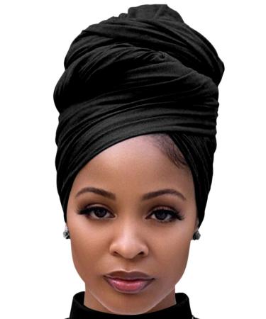 DRESHOW Hair Wrap for Black Women Scarf Turban Long Hair Head Wrap Scarf Headscarf Soft Headband Scarves Gap 39-black 1