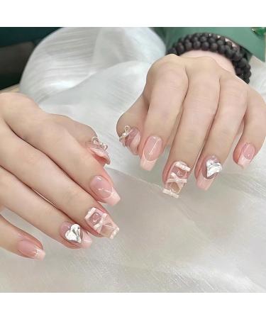 24pcs Bow Heart Pink Coffin Fake Nail Love Heart 3D Press on Nails Love Heart Nails Luxurious Nails Acrylic Nails Fake Nails For Women Girls