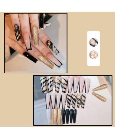 Justotry 24 Pcs Leopard Coffin Nails - Long Black French Press on Nails with Gold Glitter | Ballerina Artificial Nails for Women - Buy Online on GoSupps.com