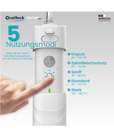 Aquapik Mini Oral Shower - Portable Wireless Water Flosser with 4 Nozzles Rechargeable IPX8 Waterproof 5 Modes - Family Friendly (Pink & White) - Buy Online on GoSupps.com
