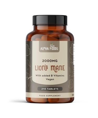 Lion's Mane 2000mg | 210 Lions Mane Mushroom Vegan Tablets | High Concentration Of Extract 12:1 | Hericium Erinaceus + Black Pepper + B Vitamins | Nootropic | Brain Health | Alpha Foods