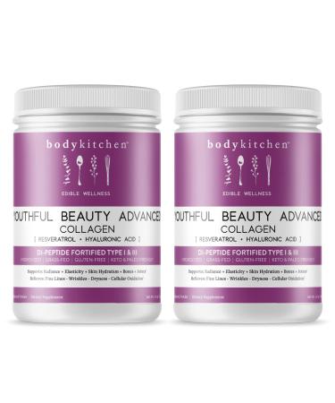 Body Kitchen Youthful Beauty Advanced Collagen Peptides Powder for Beautiful Hair Skin Nails Resveratrol and Hyaluronic Acid for Anti-Aging & Antioxidant Support Grass Fed (Pack of 2)