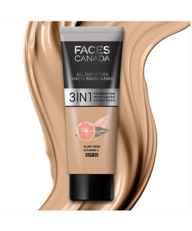 FA..CES/ CANADA All Day Hydra Matte Foundation - Mini | 3-in-1 Foundation + Moisturizer + SPF 30 | 24 HR Aloe Hydration & Vitamin C | 10HR Long Wear | Medium to High Buildable Coverage | Medium Natural 15ml