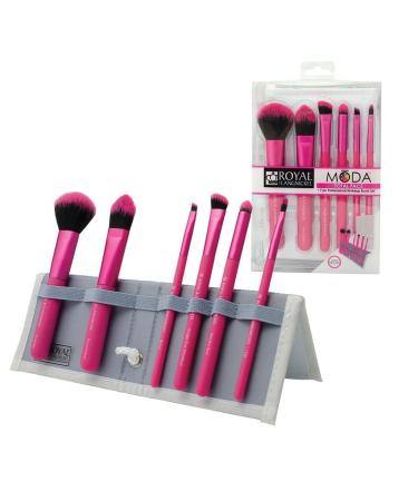 MODA Royal & Langnickel Travel Size Total Face Makeup Brush Set with Pouch Includes - Powder Foundation Angle Shader Smoky Eye Brow Liner and Pointed Lip Brushes Pink