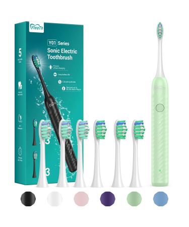 Sonic Electric Toothbrush for Adults and Kids - YteaTh One Charge for 180 Days Rechargeable Electric Toothbrushes with 6 Brush Heads 5 Modes with 2 Minutes Built in Smart Timer Light Green Light Green 1 count (Pack of 1)
