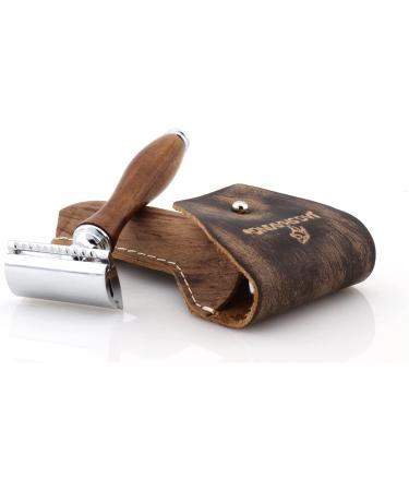 JAG Sustainable 4-Part Shaving Razor Set - Wooden Handle Super Soft Brush Double Edge Blades & Leather Bag | Eco-Friendly Grooming Solution - Buy Online on GoSupps.com