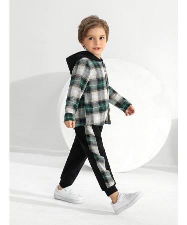 Naiyafly Toddler Boys Hoodie and Pants Set | Kids Long Sleeve Hooded Sweatshirt Outfit | Children's Button Down Tracksuit | Boys School Playsuit 5-6 Years Green Plaid - Buy Online on GoSupps.com