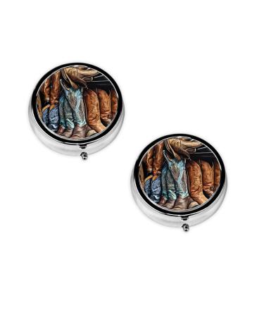(Cowboy Black Hat Western Boots) Round Pill Box 3 Compartment Pill Box Mini Decorative Pocket Purse Portable Travel Medicine Tablet Vitamin Holder Organizer Pill Case