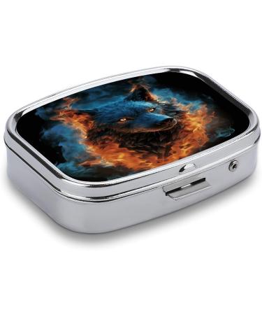 Blue Flames Wolf Head Pill Box - 2 Compartment Portable Metal Pill Organizer for Medicine Pocket & Purse - Buy Online on GoSupps.com