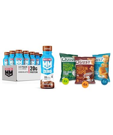 Muscle Milk Zero Protein Shake Chocolate 20g Protein Zero Sugar 100 Calories & Quest Nutrition Protein Chips Variety Pack (BBQ Cheddar & Sour Cream Sour Cream & Onion)
