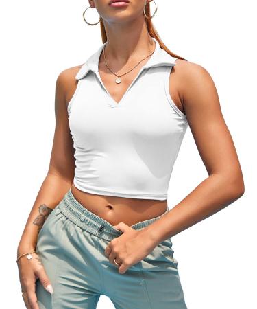 Women Workout Crop Top Built in Bra Ribbed Athletic Tank Tops Casual Sleeveless Collar Shirts Padded Sports Yoga Vest White Small