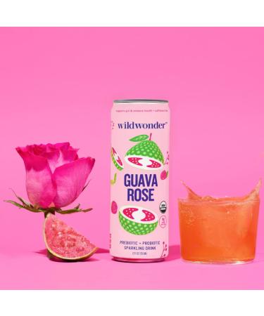 wildwonder Sparkling Probiotic Juice Drink w/Gut Health Immunity Digestion Support 5g Fiber Live Probiotics Caffeine Free Organic Vegan Low Sugar 12pk 12oz Guava Rose As Seen on Shark Tank