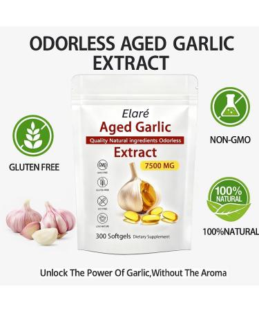 Elare Aged Garlic Extract - 7500mg Odorless Organic Garlic Extract Capsules | Heart & Immune Antioxidant Supplements Vegetarian All-Natural Non-GMO 300 Softgels - Buy Online on GoSupps.com
