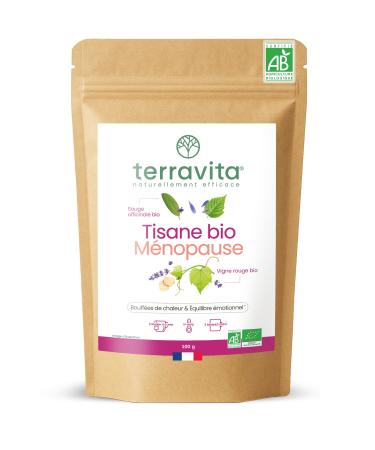 Tisane M nopause BIO | 9 Plantes contre les Bouff es de Chaleur | Avec Feuilles de Framboisier et de Sauge | Infusion Sans Caf ine ni Th ine | Sans OGM ni Additifs | 100g | Made in France | Terravita