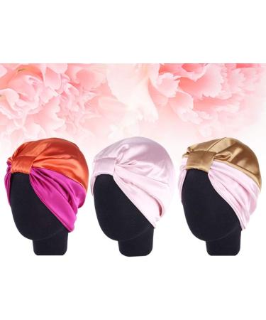 Exceart 3-Piece Satin Silk Sleep Cap Set - Elastic Night Turban - Black & Windy Red Khaki Headgear - Buy Online on GoSupps.com