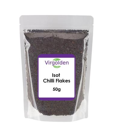 Isot Chilli Flakes 50g Turkish Black Chilli Pepper Flakes by Virgolden - Urfa Pepper Mildly Hot Gourmet Choice Smoky Good for Marinade Meat & Chicken